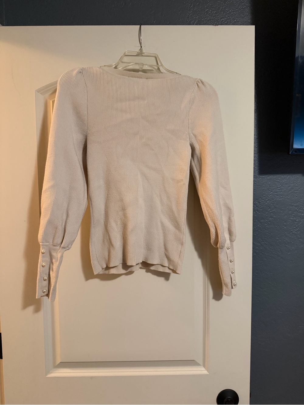 Ann Taylor Structured Puff-Sleeve Ribbed Top - Cream Small - Picture 2 of 4
